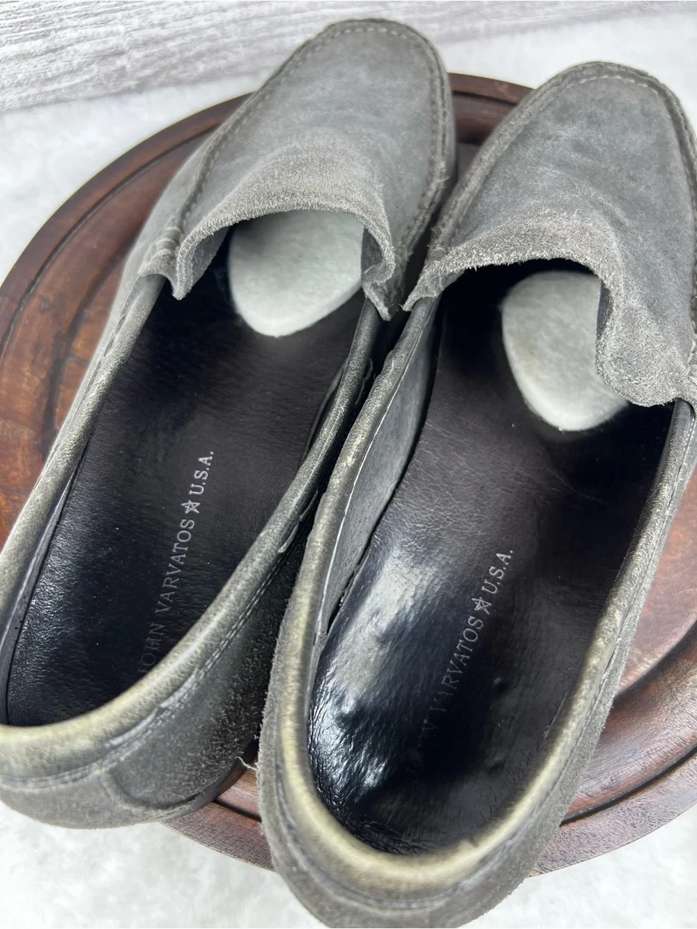 John Varvatos Slip On Loafers Suede Leather Grey Men’s Shoes 12M Preppy FLAW